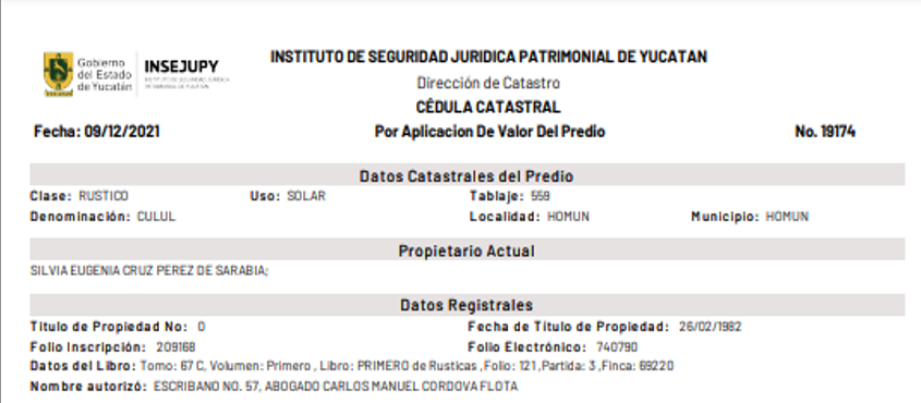 Cédula Catastral INSEJUPY - Rancho Culul, Homún, Yucatán - Tablaje 559